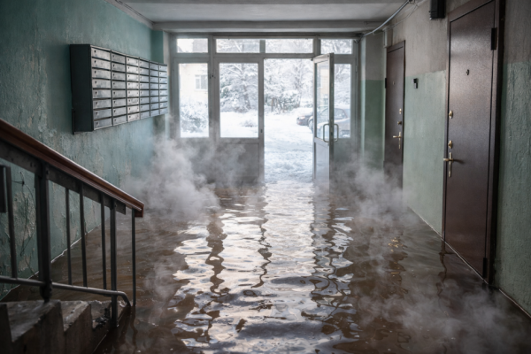 В ЖК Юнтолово снова затопило: горячая вода залила подъезд и магазины